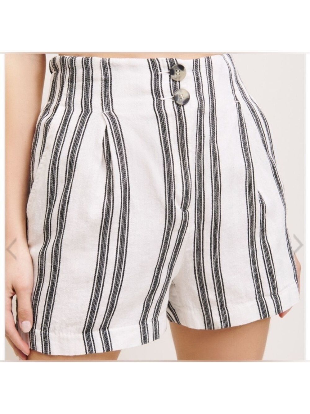 Dynamite, cotton linen blend high waisted, striped shorts, cream, black CS EUC